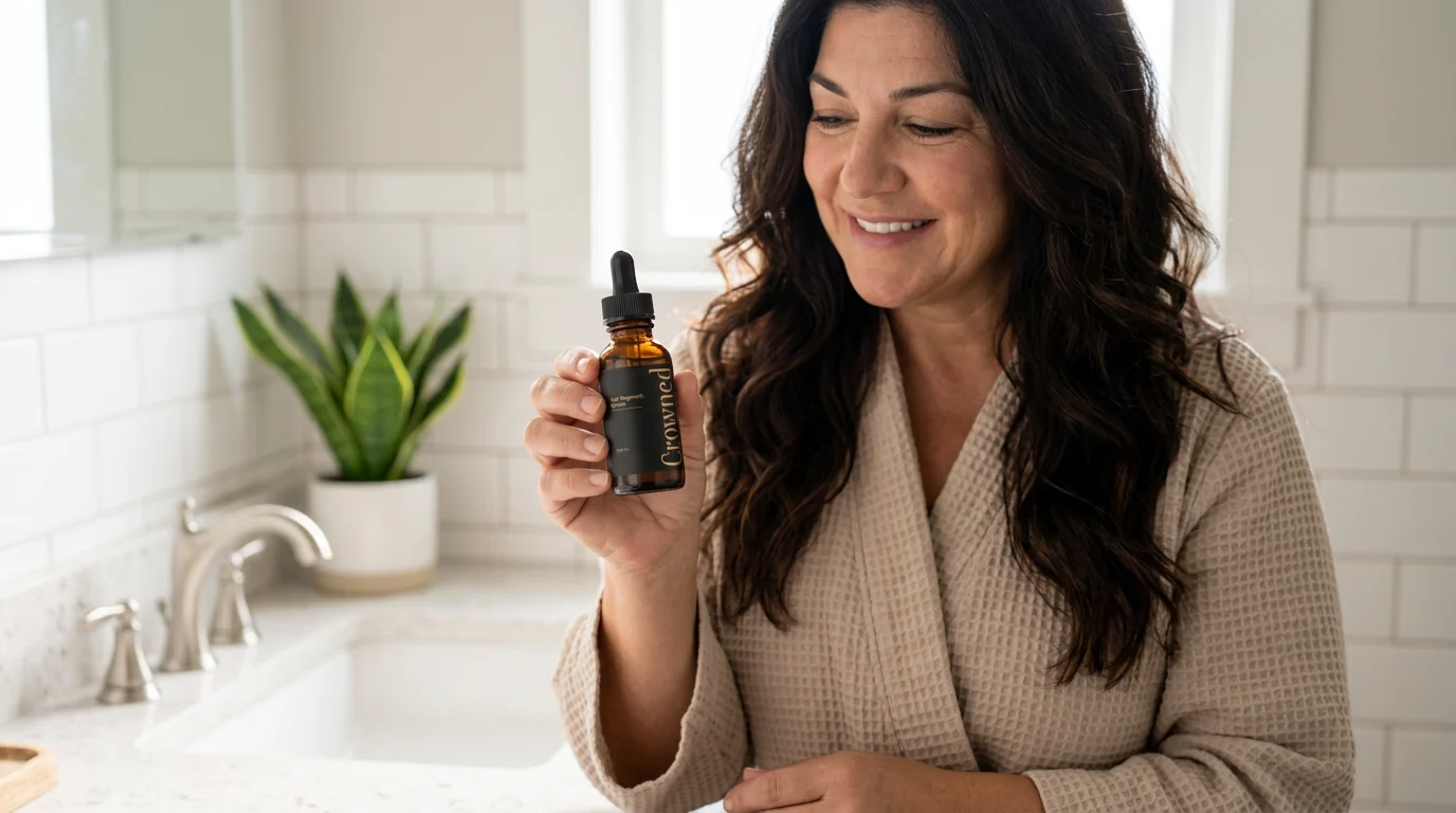 A woman with her hair down, holding a bottle of Crowned in her bathroom